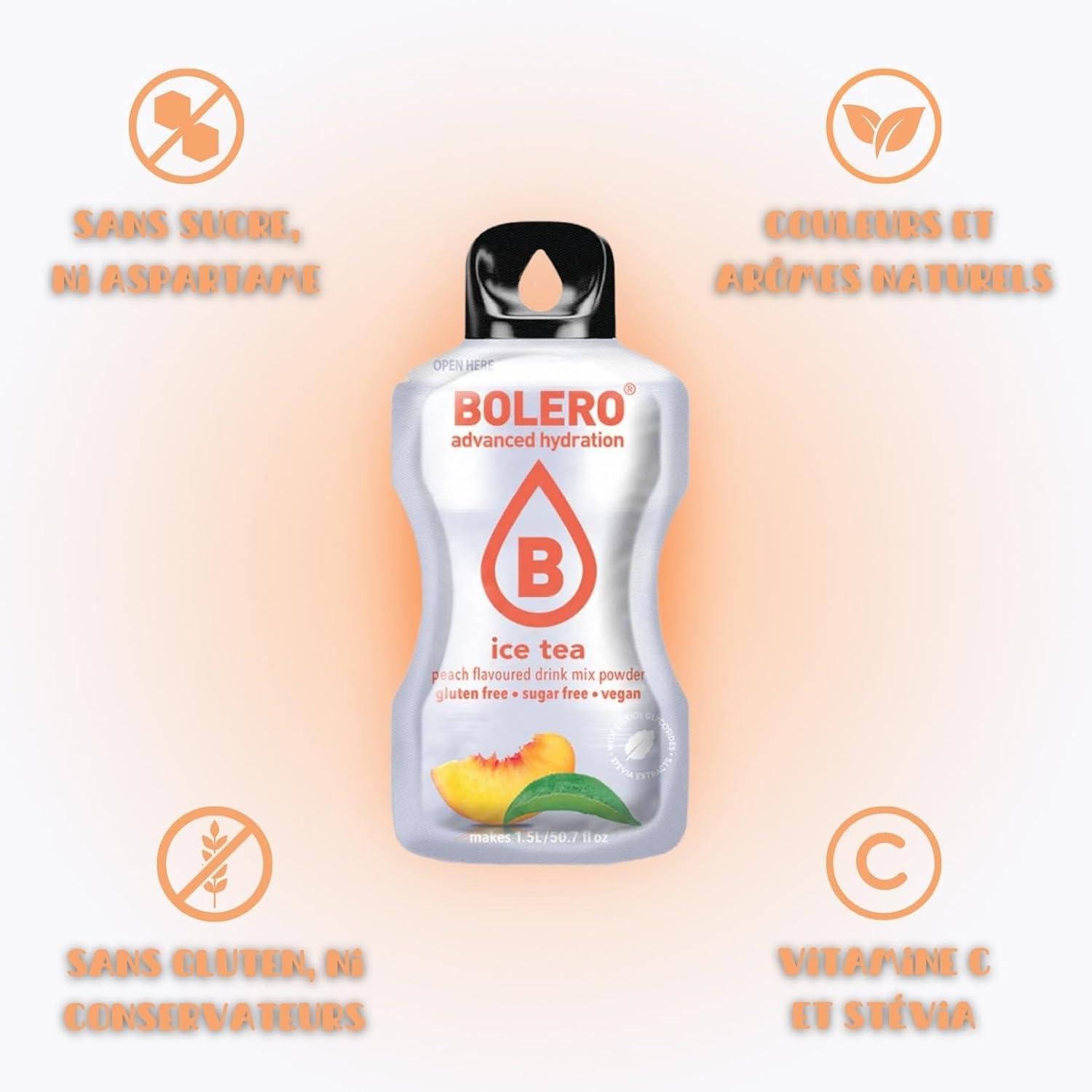 imageBOLERO ICE TEA Pche 10 sticks 8g de Poudre pour Boisson sans sucre la Stevia Sans Conservateur ni colorants artificiels Faible en calories il convient pour toute la FamilleIce Tea Peche