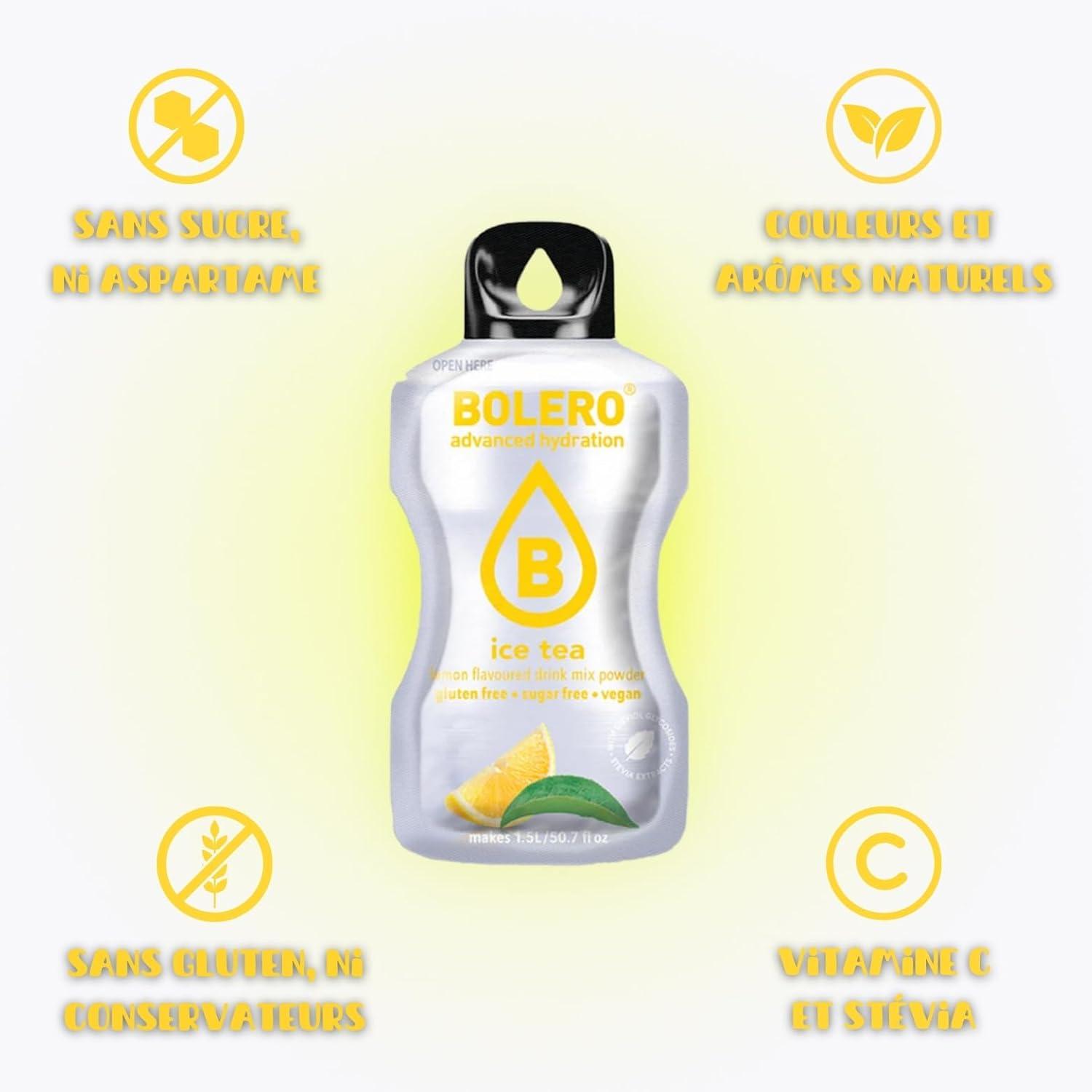 imageBOLERO ICE TEA Pche 10 sticks 8g de Poudre pour Boisson sans sucre la Stevia Sans Conservateur ni colorants artificiels Faible en calories il convient pour toute la FamilleIce Tea Citron