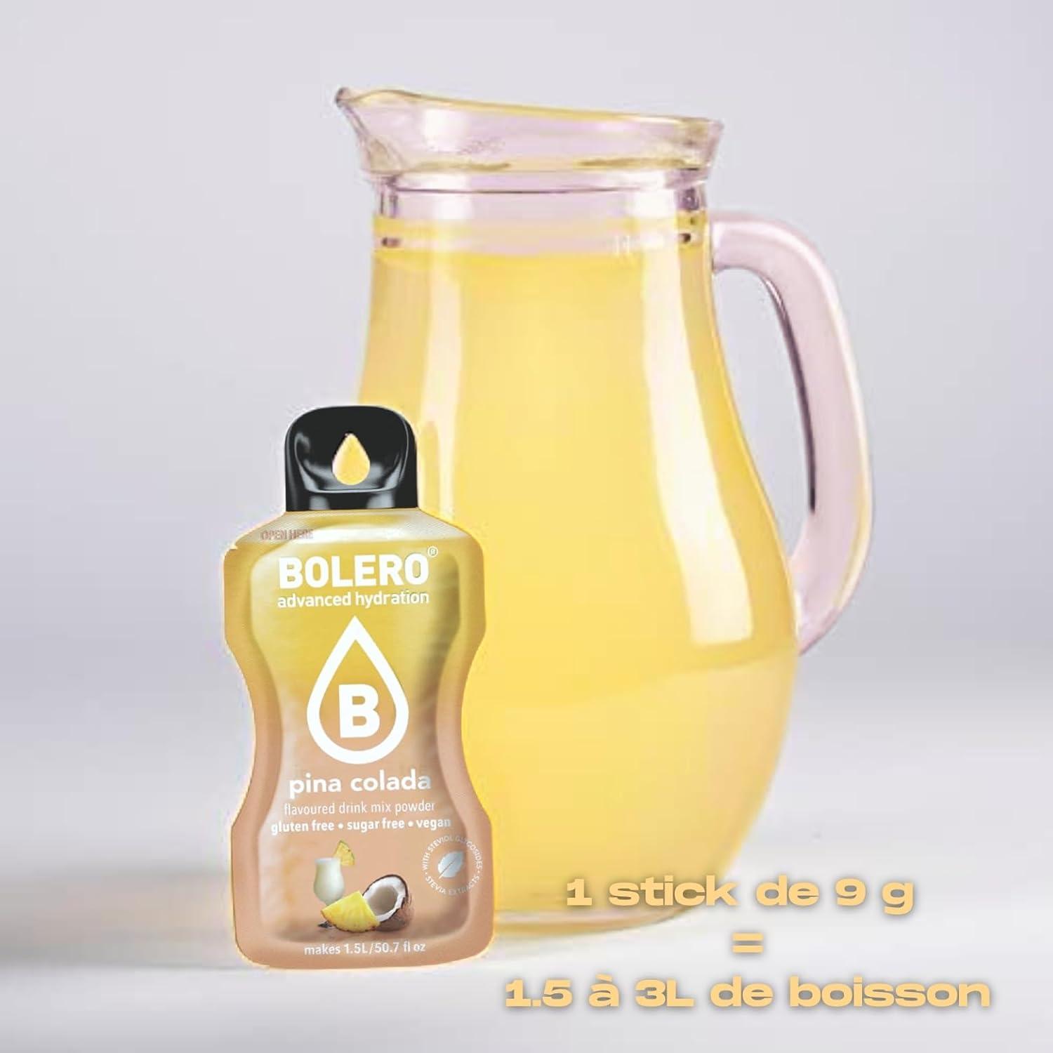 imageBOLERO Pina Colada 10 sticks 9g de Poudre pour Boisson sans sucre la Stevia Sans Conservateur ni colorants artificiels Faible en calories il convient pour toute la FamillePina Colada