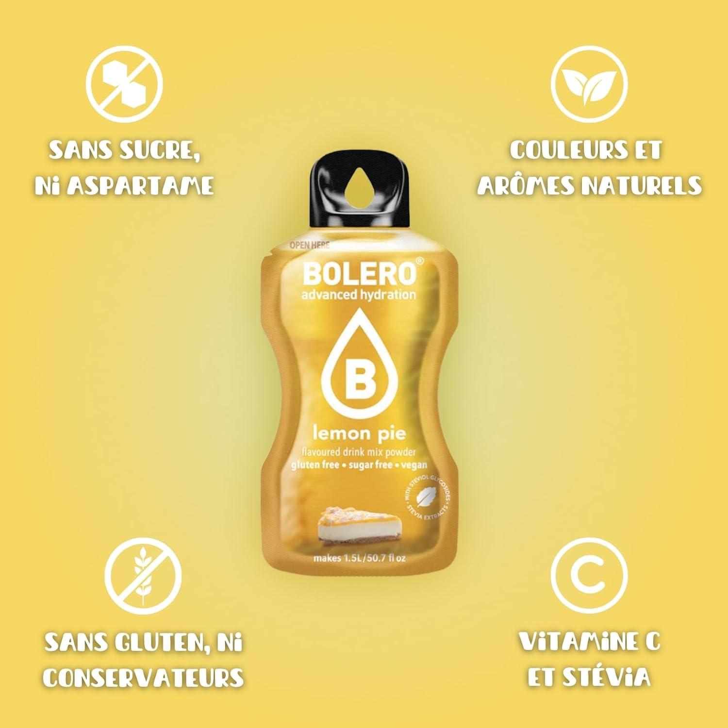 imageBOLERO Pina Colada 10 sticks 9g de Poudre pour Boisson sans sucre la Stevia Sans Conservateur ni colorants artificiels Faible en calories il convient pour toute la FamilleTarte au citron meringue