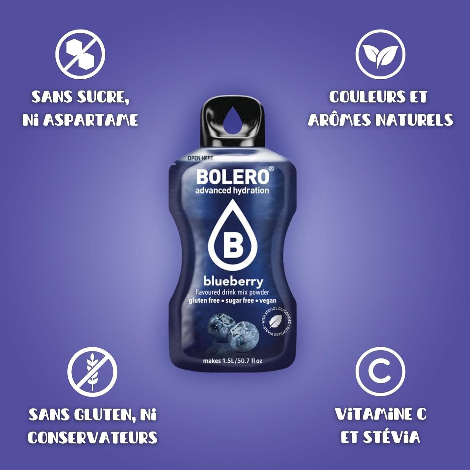 imageBOLERO Pina Colada 10 sticks 9g de Poudre pour Boisson sans sucre la Stevia Sans Conservateur ni colorants artificiels Faible en calories il convient pour toute la FamilleMyrtille