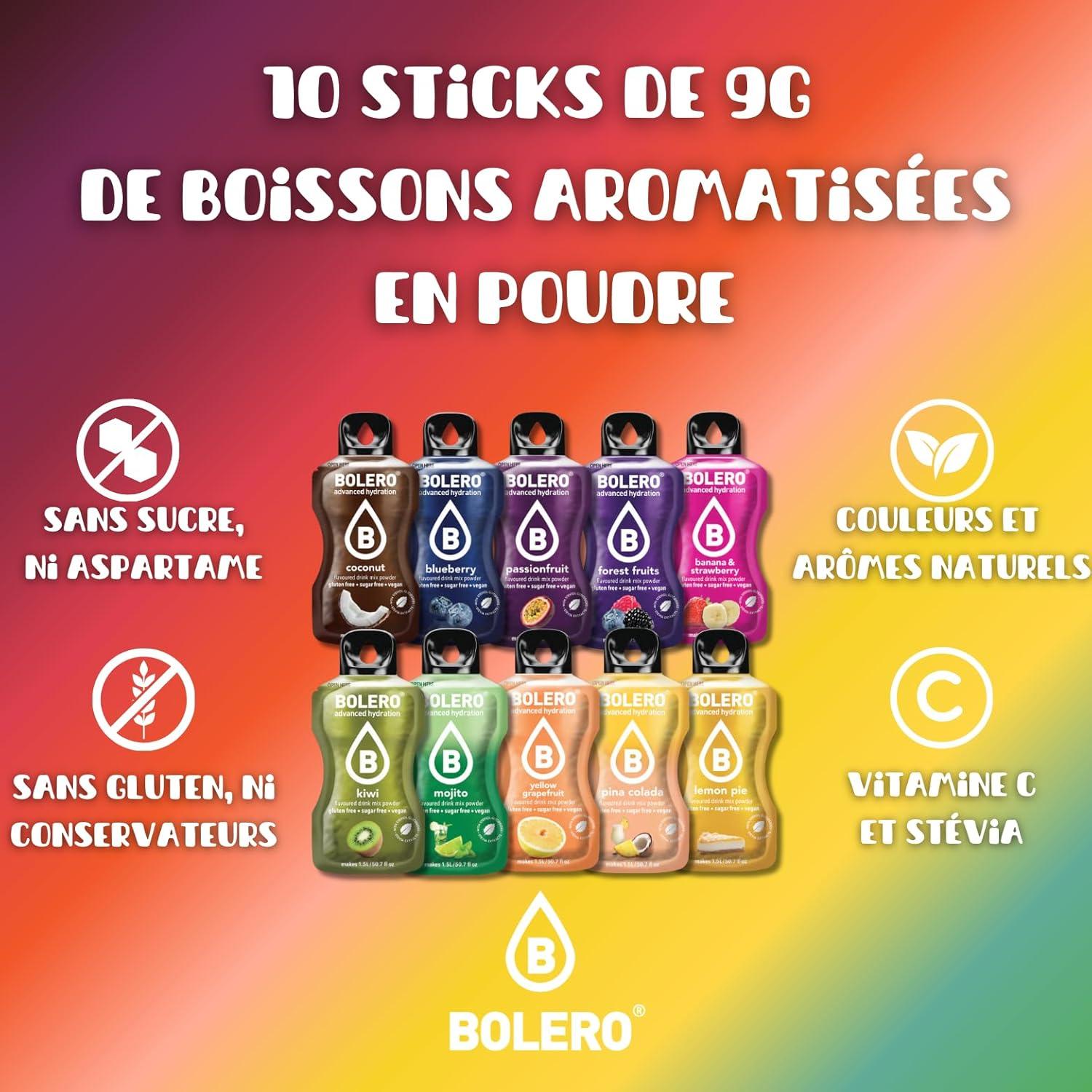 imageBOLERO Pina Colada 10 sticks 9g de Poudre pour Boisson sans sucre la Stevia Sans Conservateur ni colorants artificiels Faible en calories il convient pour toute la FamilleAssortiment