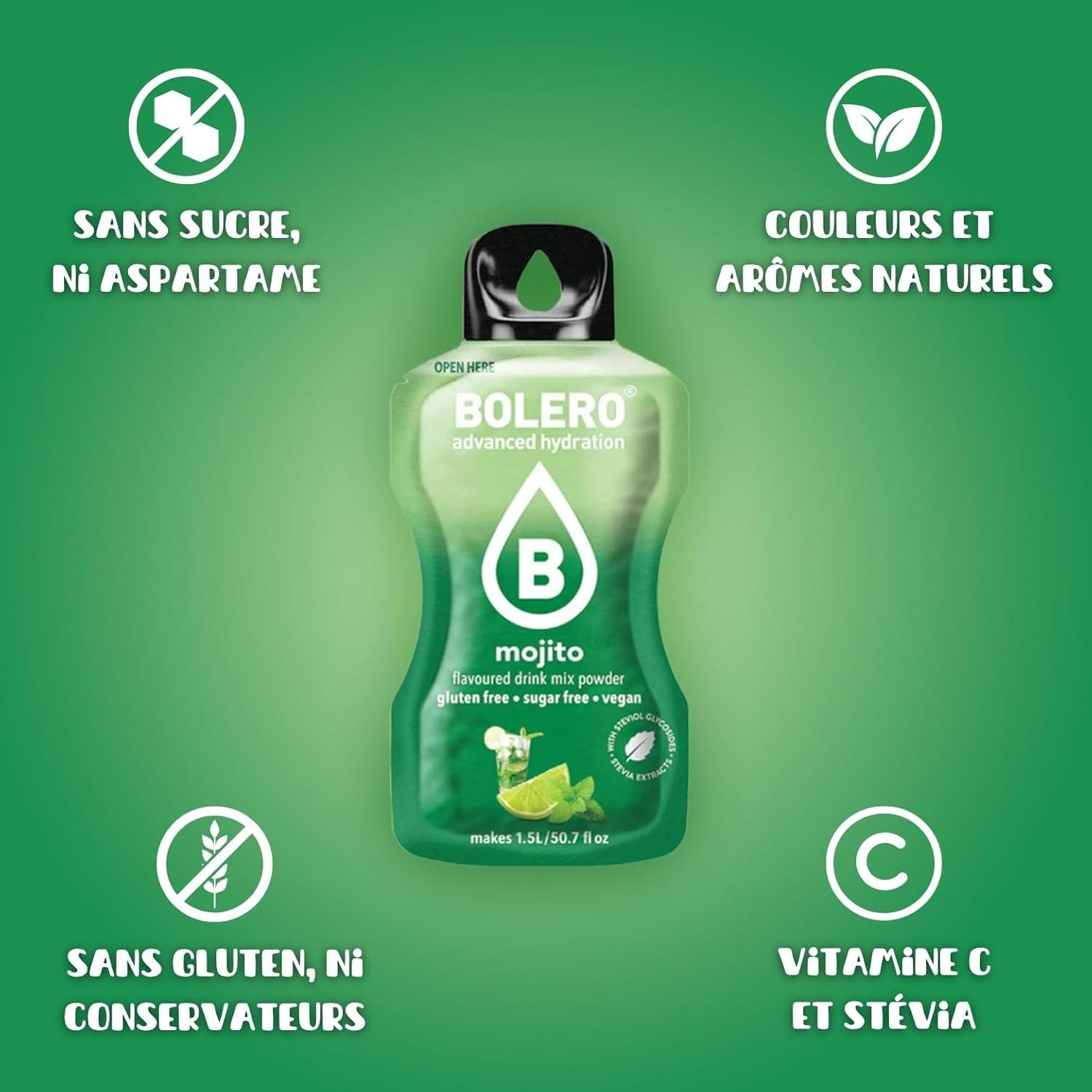 imageBOLERO Pina Colada 10 sticks 9g de Poudre pour Boisson sans sucre la Stevia Sans Conservateur ni colorants artificiels Faible en calories il convient pour toute la FamilleMojito