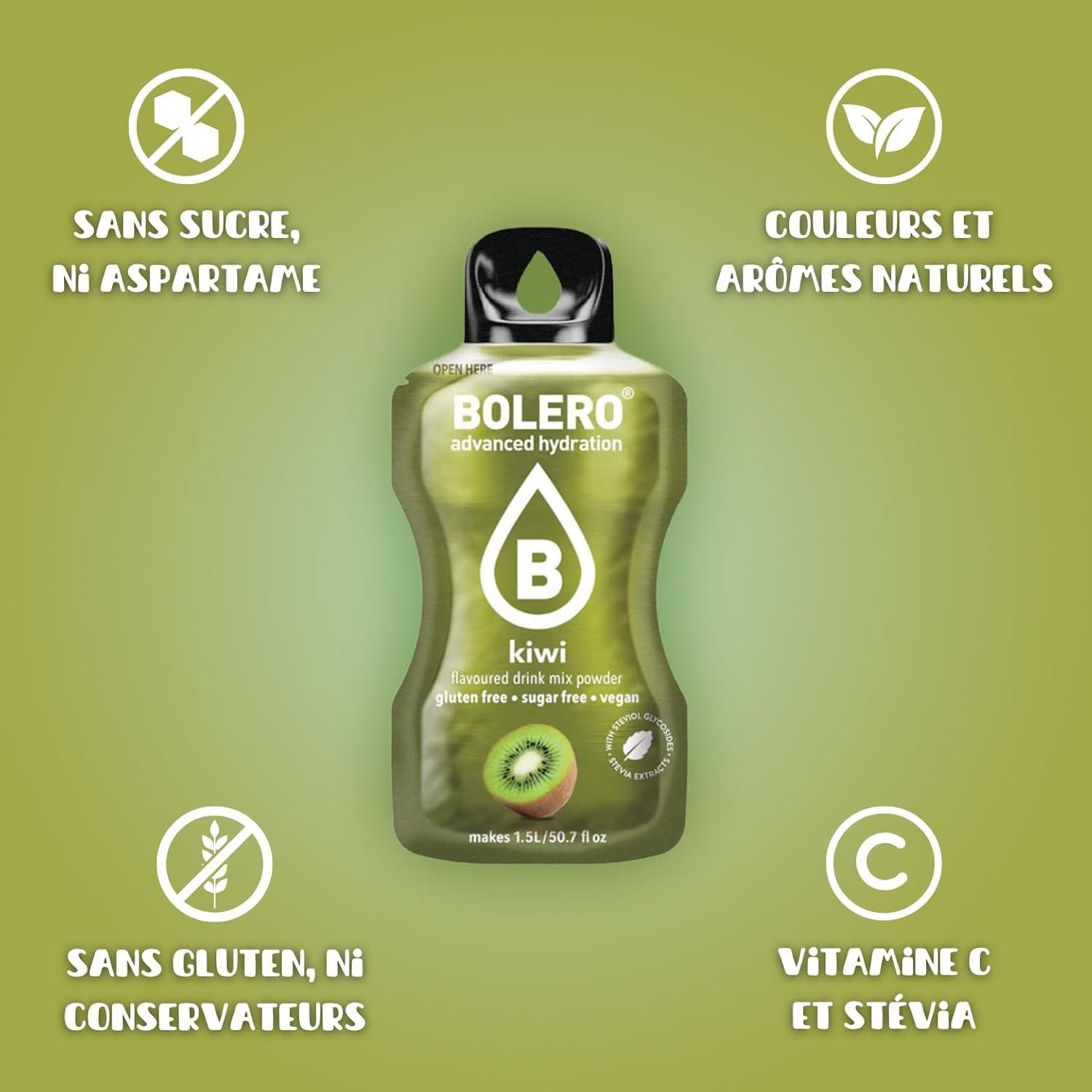imageBOLERO Pina Colada 10 sticks 9g de Poudre pour Boisson sans sucre la Stevia Sans Conservateur ni colorants artificiels Faible en calories il convient pour toute la FamilleKiwi
