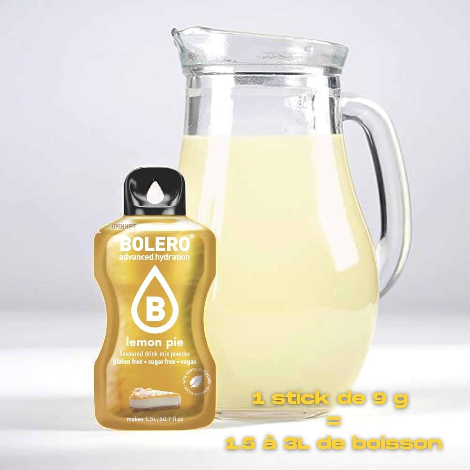 imageBOLERO Pina Colada 10 sticks 9g de Poudre pour Boisson sans sucre la Stevia Sans Conservateur ni colorants artificiels Faible en calories il convient pour toute la FamilleTarte au citron meringue