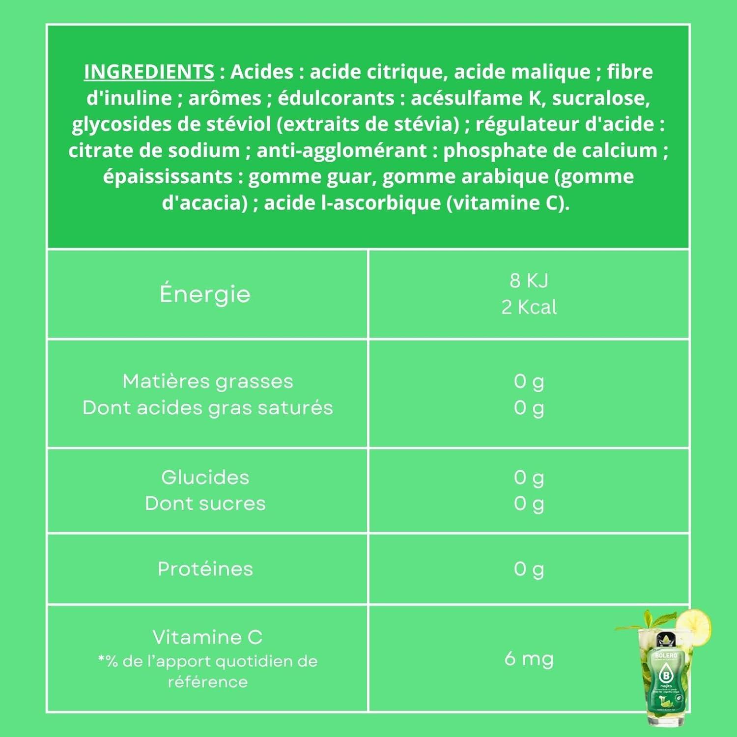 imageBOLERO Pina Colada 10 sticks 9g de Poudre pour Boisson sans sucre la Stevia Sans Conservateur ni colorants artificiels Faible en calories il convient pour toute la FamilleMojito