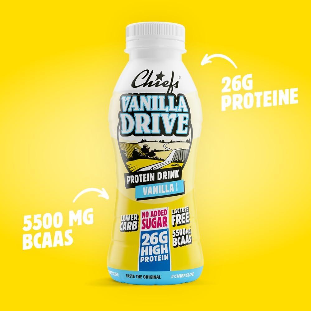 imageBoisson protine Chiefs Milkshake Chocolate Sans sucre ajout et sans lactose Riche en protines avec 26 g de protine Bouteilles de 8 x 330 ml Dlicieux got crmeuxVanille