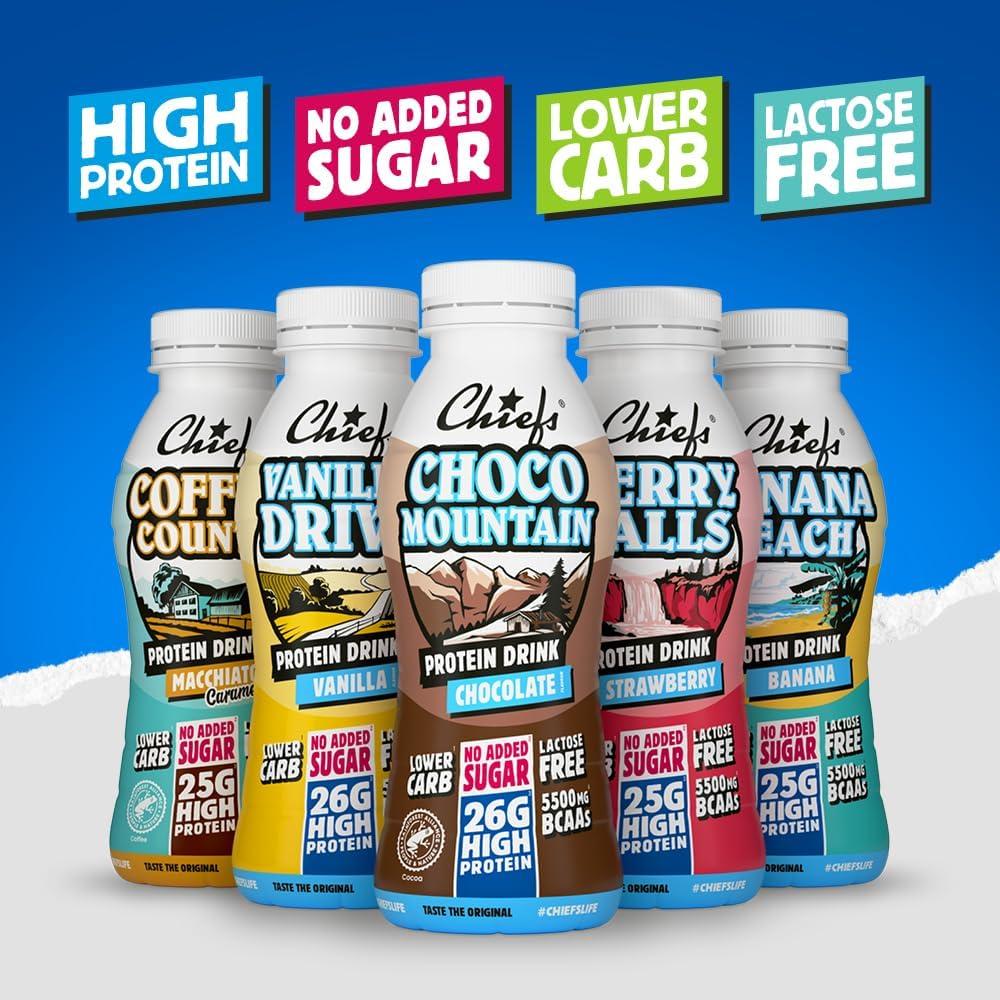 imageBoisson protine Chiefs Milkshake Chocolate Sans sucre ajout et sans lactose Riche en protines avec 26 g de protine Bouteilles de 8 x 330 ml Dlicieux got crmeuxBanane