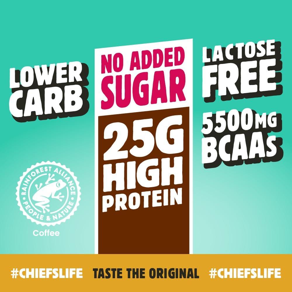 imageBoisson protine Chiefs Milkshake Chocolate Sans sucre ajout et sans lactose Riche en protines avec 26 g de protine Bouteilles de 8 x 330 ml Dlicieux got crmeuxCaf