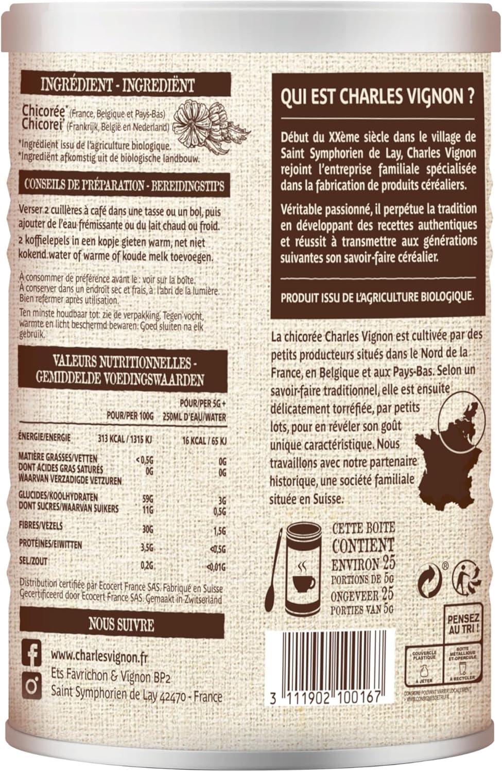 imageCharles Vignon Chicore Bio Instantane 100 Chicore Torrfie Sans Cafine ampamp Sans Sucres Ajouts Nutriscore A Bote Recyclable 125 g125 g Lot de 1
