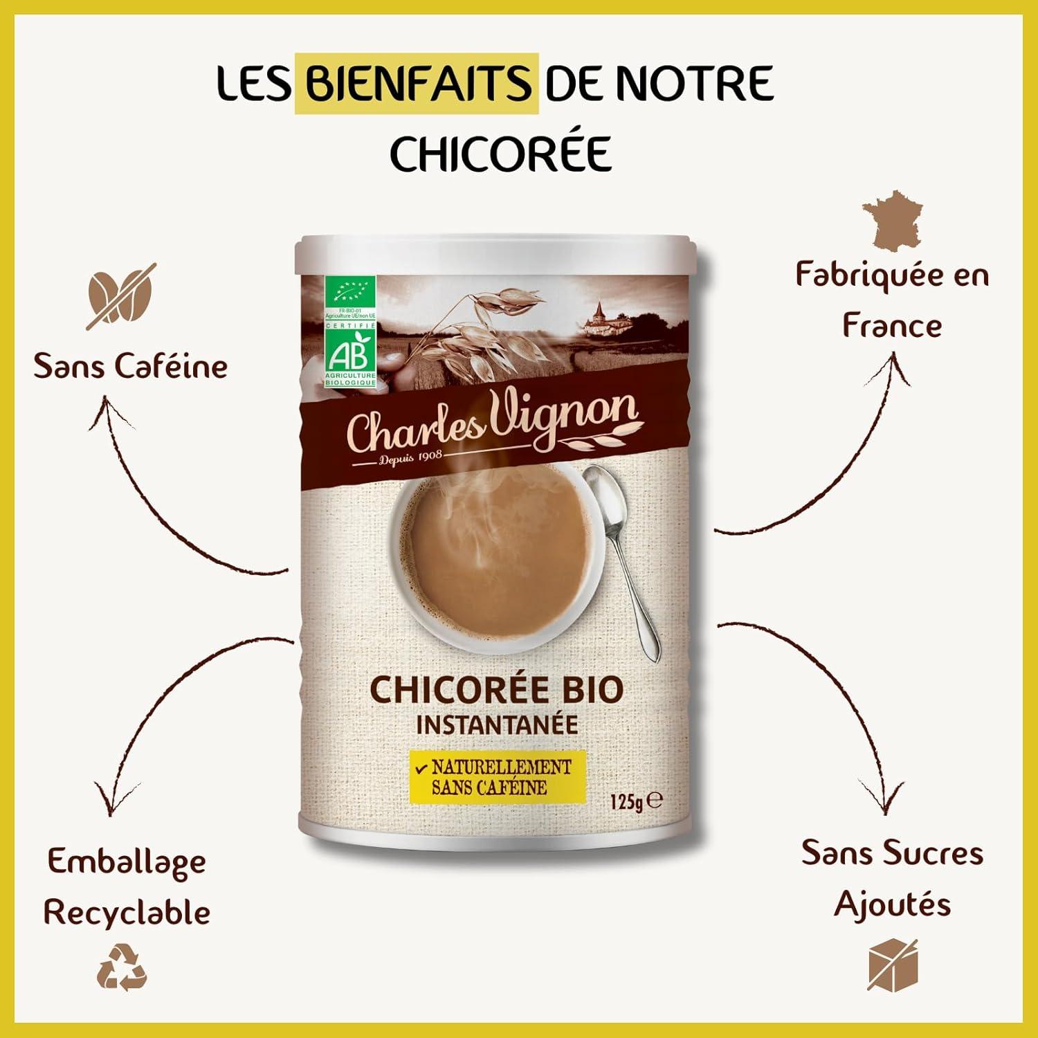 imageCharles Vignon Chicore Bio Instantane 100 Chicore Torrfie Sans Cafine ampamp Sans Sucres Ajouts Nutriscore A Bote Recyclable 125 g125 g Lot de 1