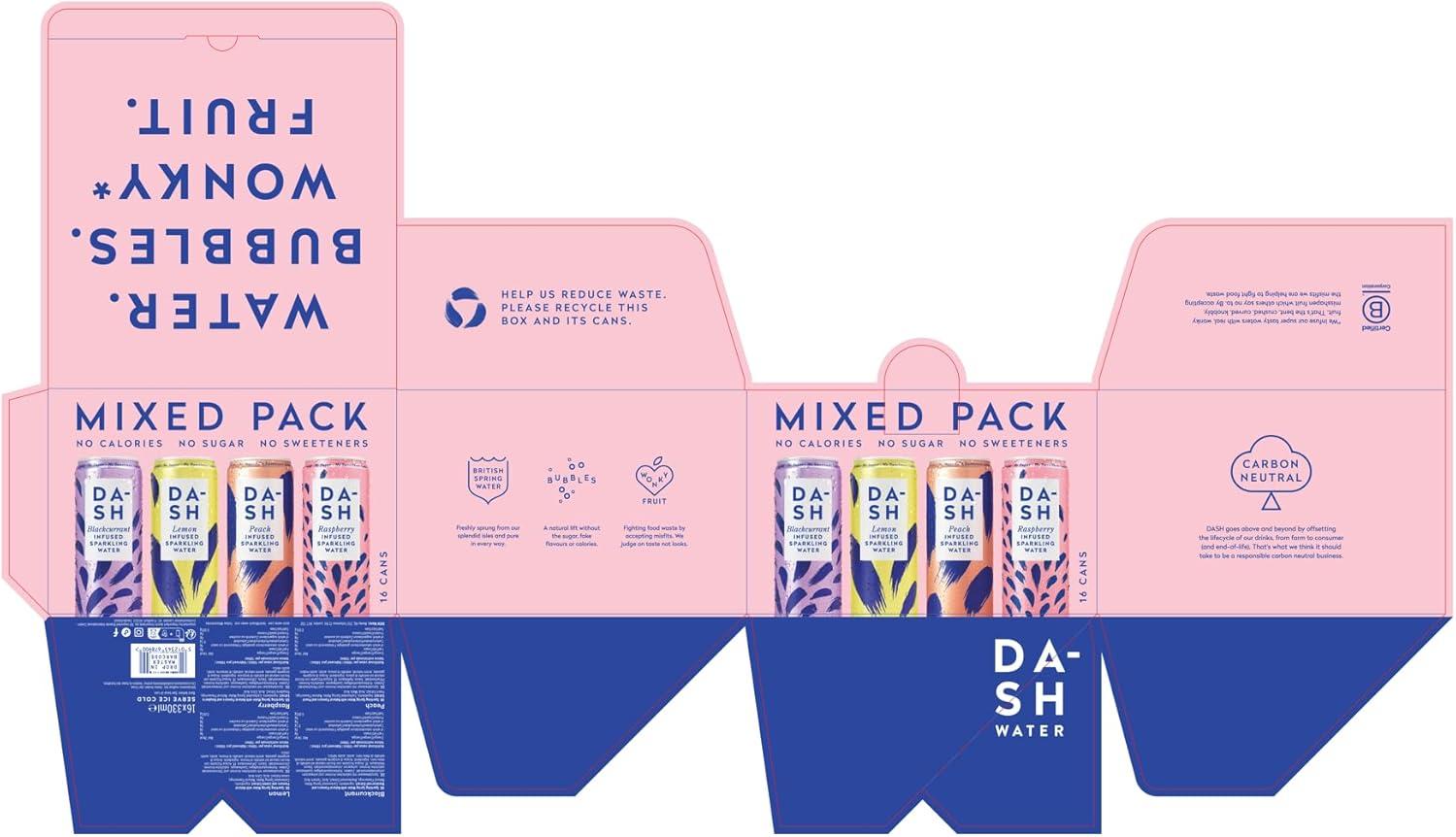 imageDASH Water Mix Pack 16x Eaux ptillantes aromatises 4X Pche 4X Citron vert 4X Framboise 4X Pamplemousse SANS Sucre SANS dulcorant SANS calories Infuses avec des Fruits rejets 16x330mlCitron vert