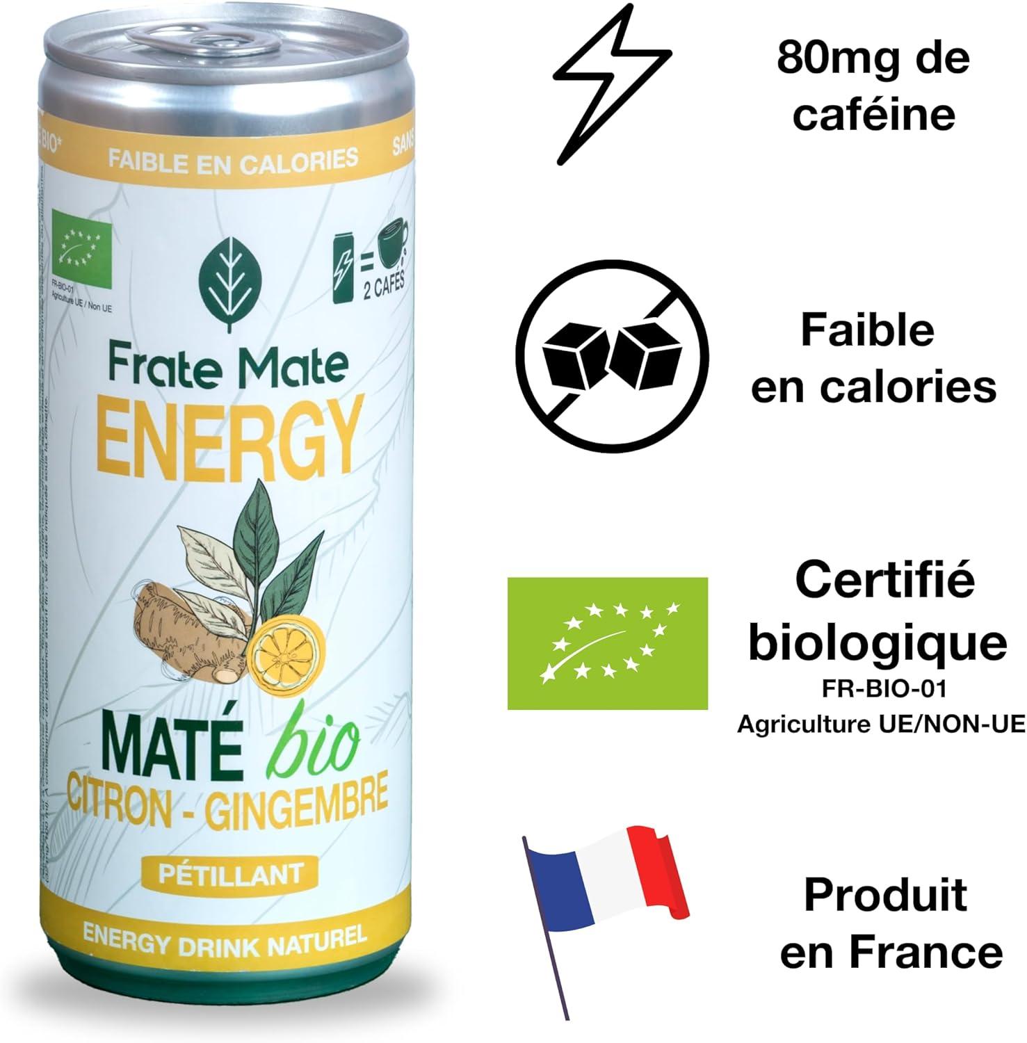 imageFRAT MAT Boisson nergisante Bio Sport Energy Drink au Mat Canettes Sans Bulles 250ml 80mg Cafine Naturelle Faible en Sucre Sans Taurine ni Armes ArtificielsCitron