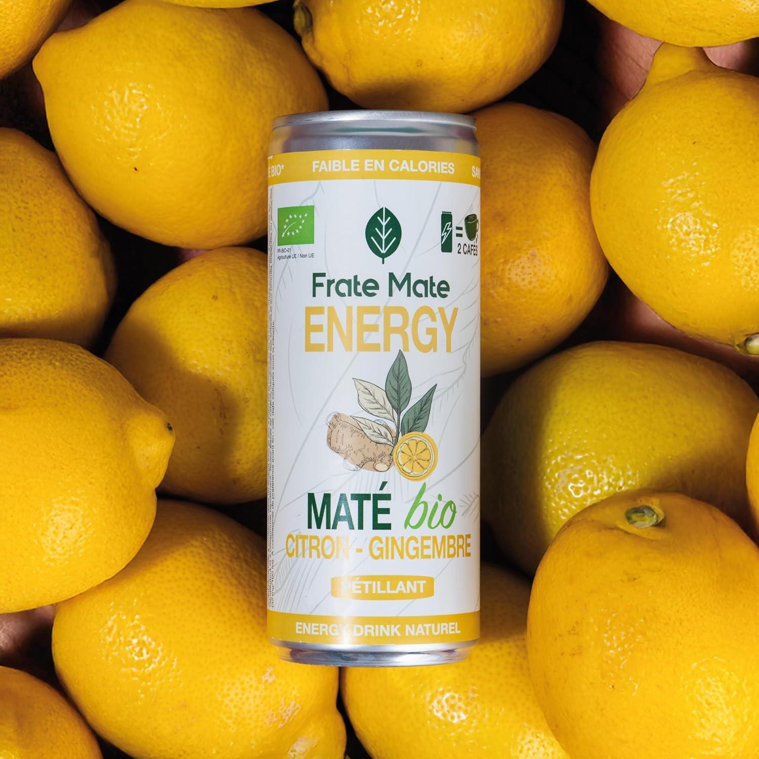 imageFRAT MAT Boisson nergisante Bio Sport Energy Drink au Mat Canettes Sans Bulles 250ml 80mg Cafine Naturelle Faible en Sucre Sans Taurine ni Armes ArtificielsCitron