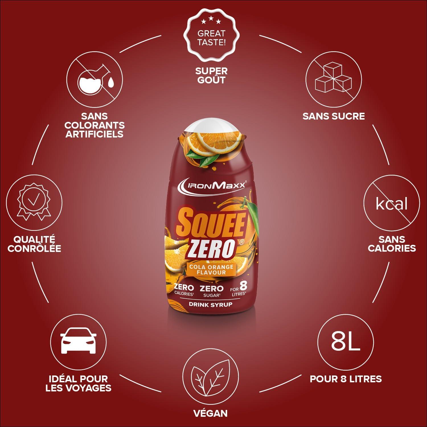 imageIronMaxx SqueeZero Sirop sans sucre ampamp zero calorie Pomme Verte 65ml Boisson sans sucre au got rafrachissant Prpare jusqu 8 litres de boisson zero sucreCola Orange