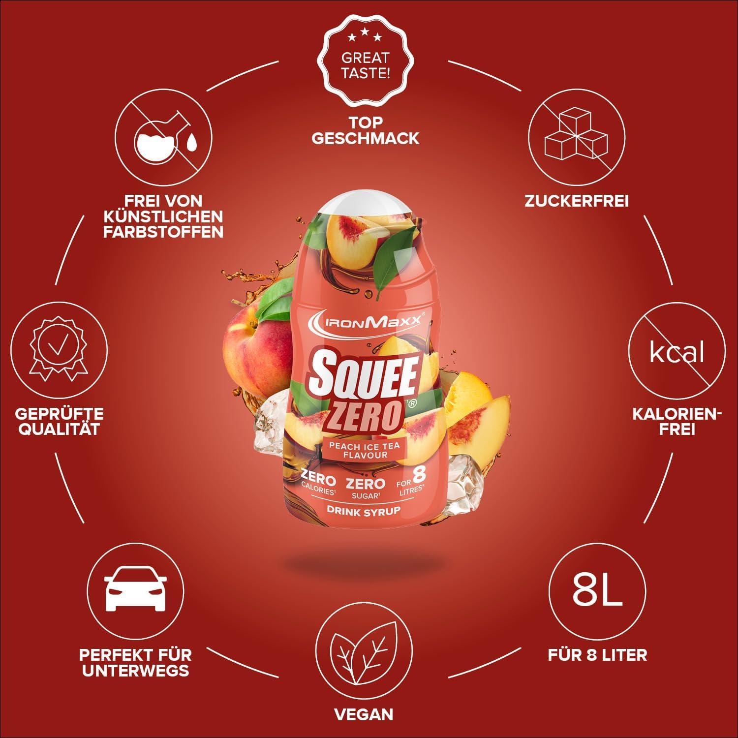 imageIronMaxx SqueeZero Sirop sans sucre ampamp zero calorie Pomme Verte 65ml Boisson sans sucre au got rafrachissant Prpare jusqu 8 litres de boisson zero sucrePeach Ice Tea