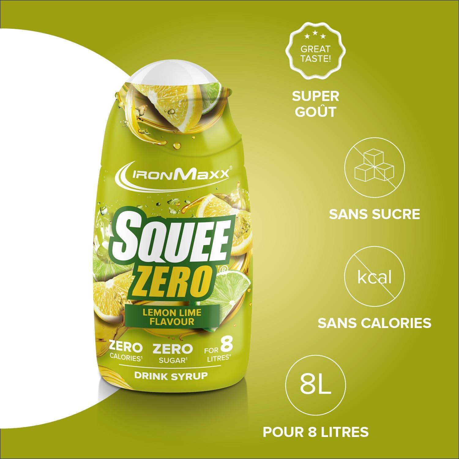 imageIronMaxx SqueeZero Sirop sans sucre ampamp zero calorie Pomme Verte 65ml Boisson sans sucre au got rafrachissant Prpare jusqu 8 litres de boisson zero sucreLemon Lime