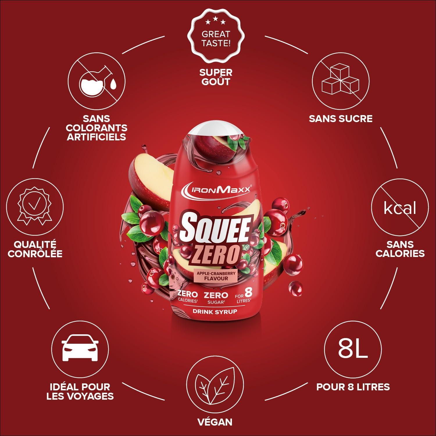 imageIronMaxx SqueeZero Sirop sans sucre ampamp zero calorie Pomme Verte 65ml Boisson sans sucre au got rafrachissant Prpare jusqu 8 litres de boisson zero sucreApple Cranberry
