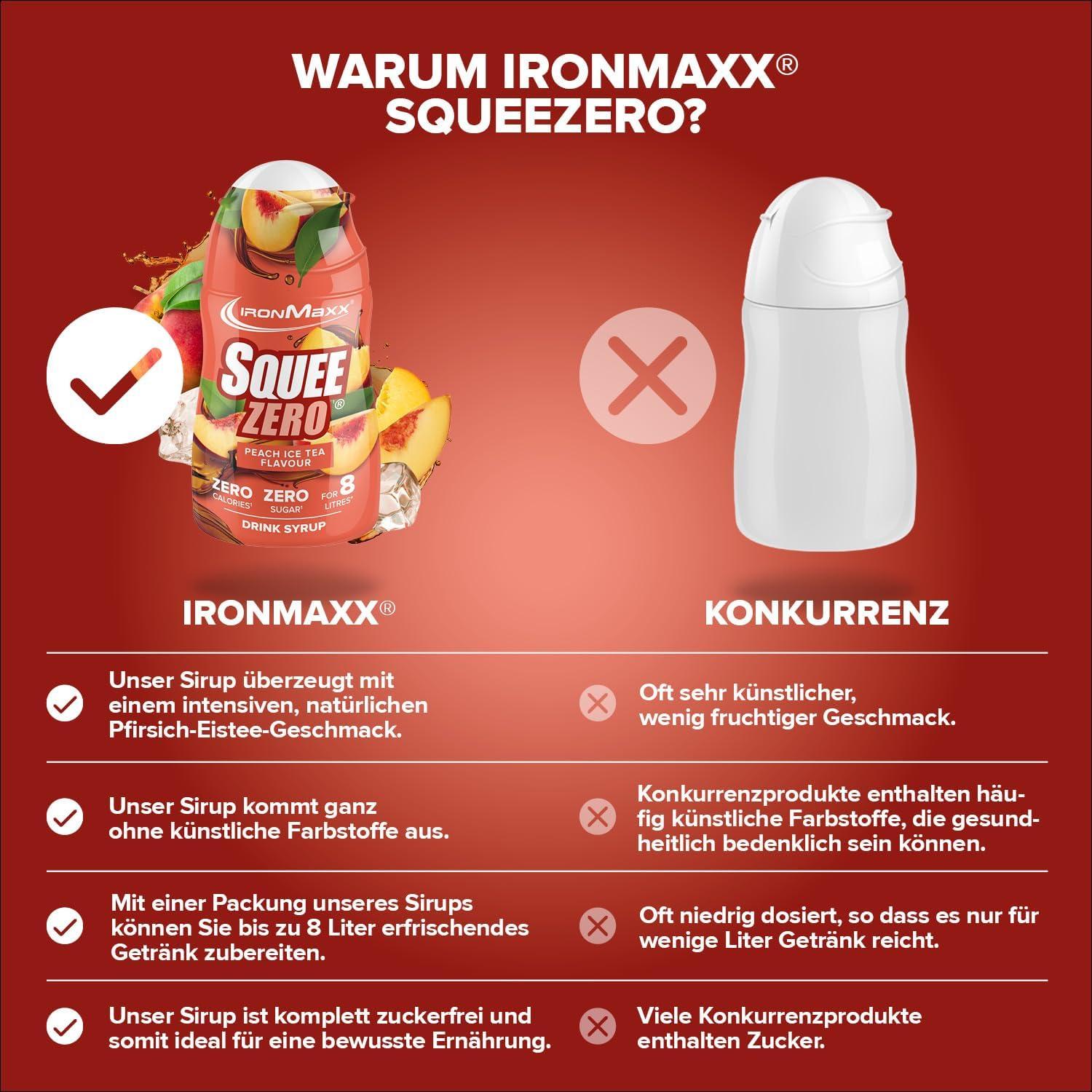 imageIronMaxx SqueeZero Sirop sans sucre ampamp zero calorie Pomme Verte 65ml Boisson sans sucre au got rafrachissant Prpare jusqu 8 litres de boisson zero sucrePeach Ice Tea