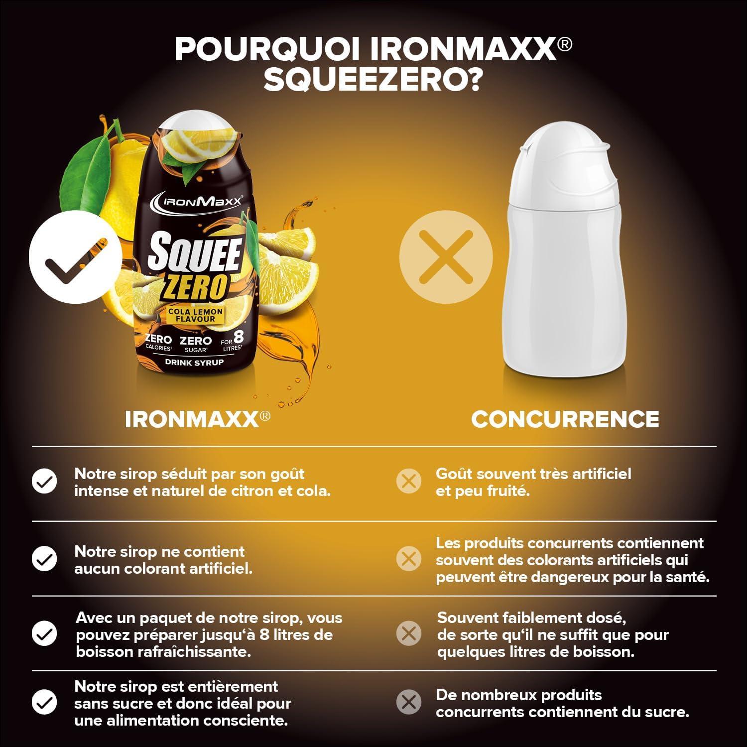 imageIronMaxx SqueeZero Sirop sans sucre ampamp zero calorie Pomme Verte 65ml Boisson sans sucre au got rafrachissant Prpare jusqu 8 litres de boisson zero sucreCola Lemon