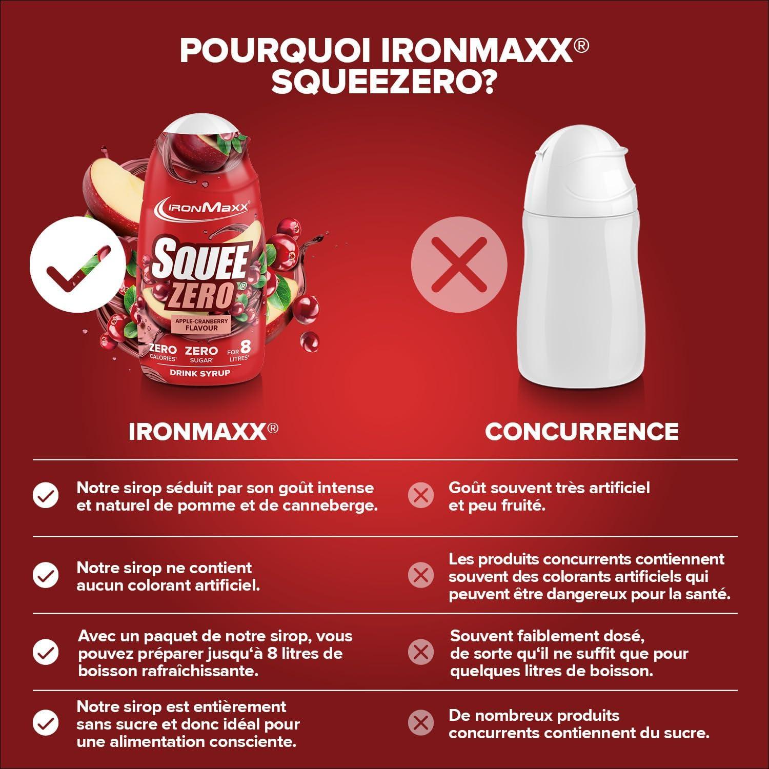 imageIronMaxx SqueeZero Sirop sans sucre ampamp zero calorie Pomme Verte 65ml Boisson sans sucre au got rafrachissant Prpare jusqu 8 litres de boisson zero sucreApple Cranberry
