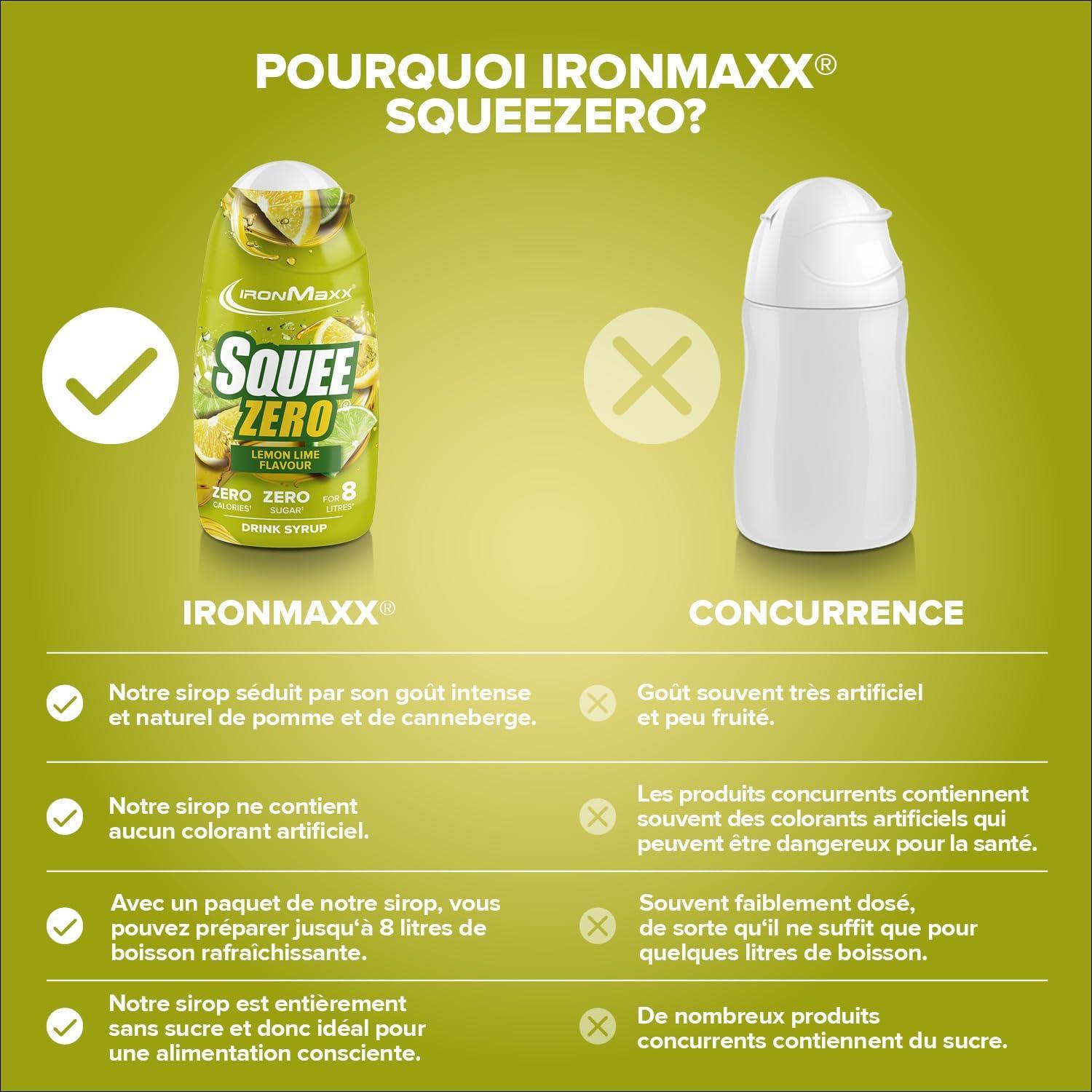 imageIronMaxx SqueeZero Sirop sans sucre ampamp zero calorie Pomme Verte 65ml Boisson sans sucre au got rafrachissant Prpare jusqu 8 litres de boisson zero sucreLemon Lime