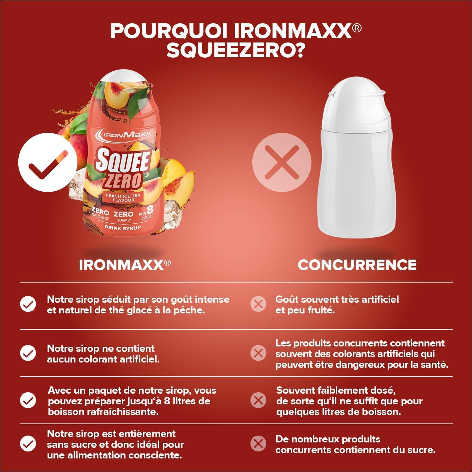 imageIronMaxx SqueeZero Sirop sans sucre ampamp zero calorie Pomme Verte 65ml Boisson sans sucre au got rafrachissant Prpare jusqu 8 litres de boisson zero sucrePeach Ice Tea