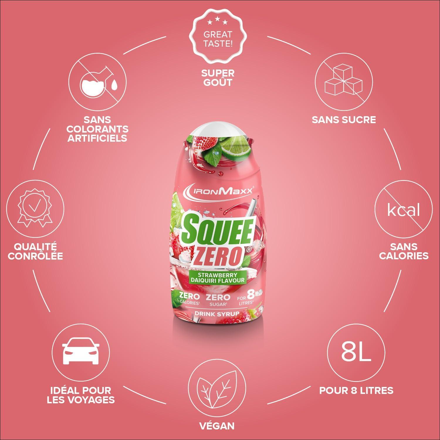 imageIronMaxx SqueeZero Sirop sans sucre ampamp zero calorie Pomme Verte 65ml Boisson sans sucre au got rafrachissant Prpare jusqu 8 litres de boisson zero sucreStrawberry Daiquiri