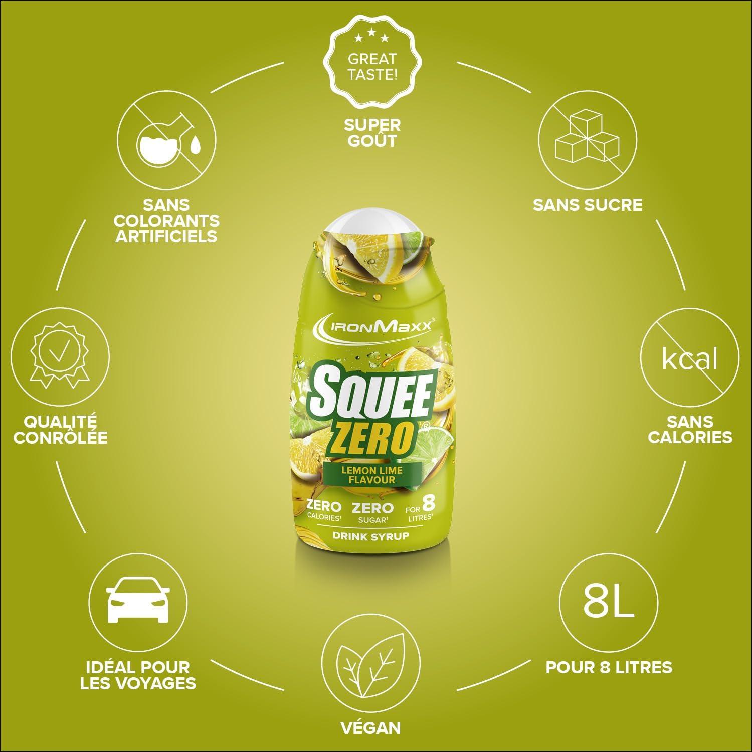 imageIronMaxx SqueeZero Sirop sans sucre ampamp zero calorie Pomme Verte 65ml Boisson sans sucre au got rafrachissant Prpare jusqu 8 litres de boisson zero sucreLemon Lime