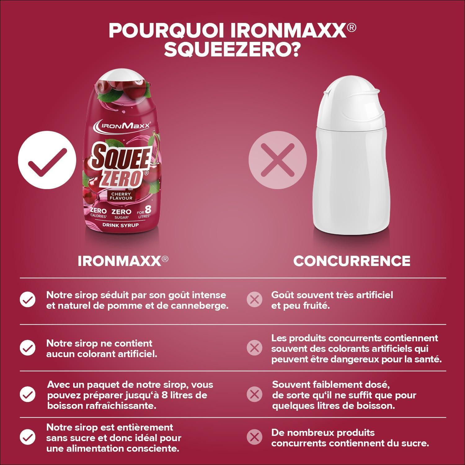 imageIronMaxx SqueeZero Sirop sans sucre ampamp zero calorie Pomme Verte 65ml Boisson sans sucre au got rafrachissant Prpare jusqu 8 litres de boisson zero sucreCherry