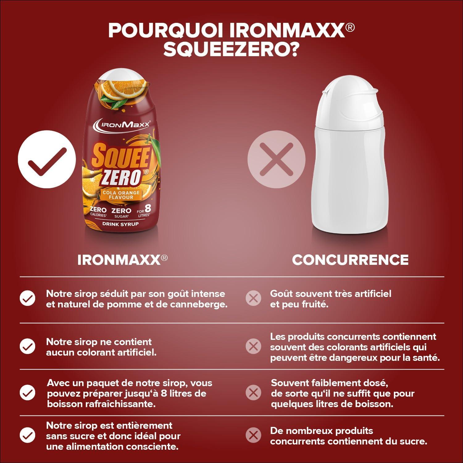 imageIronMaxx SqueeZero Sirop sans sucre ampamp zero calorie Pomme Verte 65ml Boisson sans sucre au got rafrachissant Prpare jusqu 8 litres de boisson zero sucreCola Orange