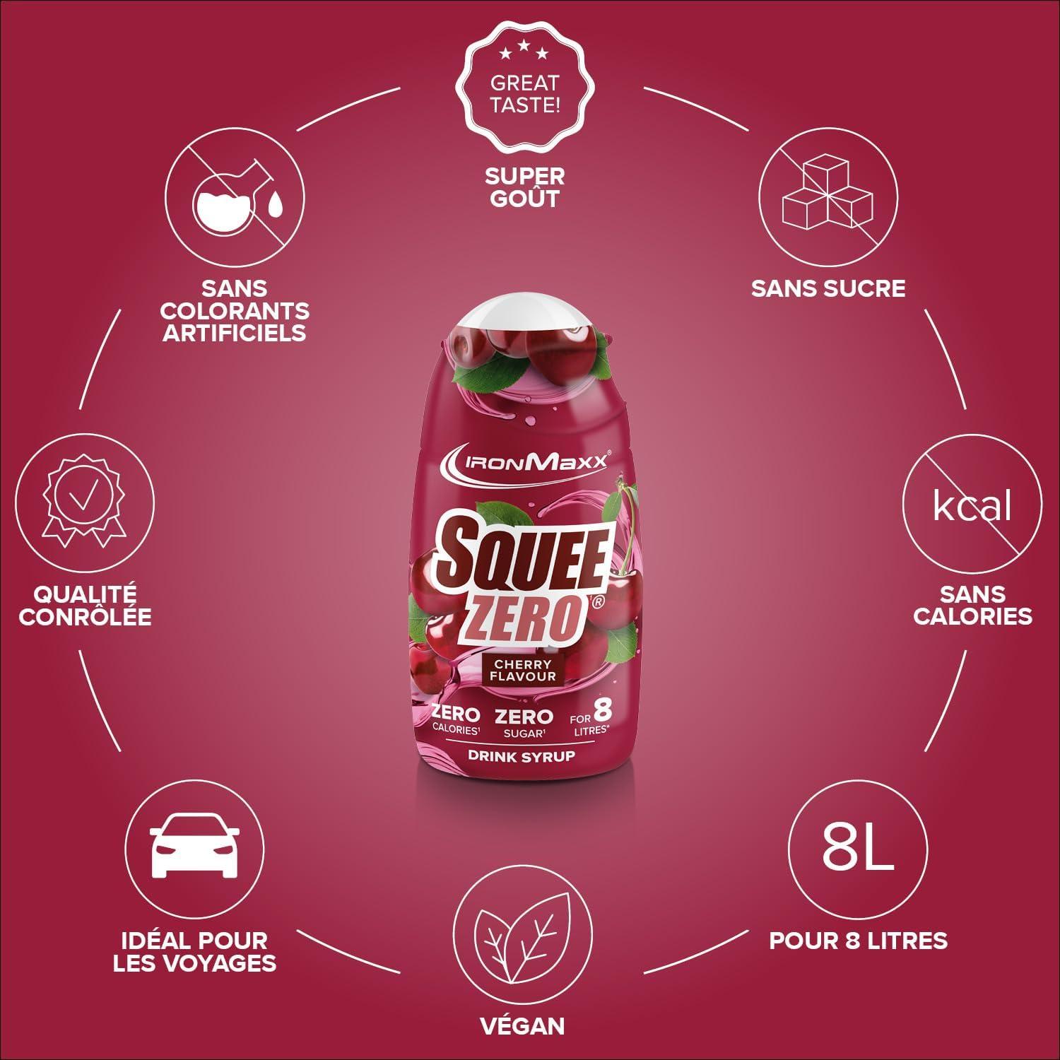 imageIronMaxx SqueeZero Sirop sans sucre ampamp zero calorie Pomme Verte 65ml Boisson sans sucre au got rafrachissant Prpare jusqu 8 litres de boisson zero sucreCherry