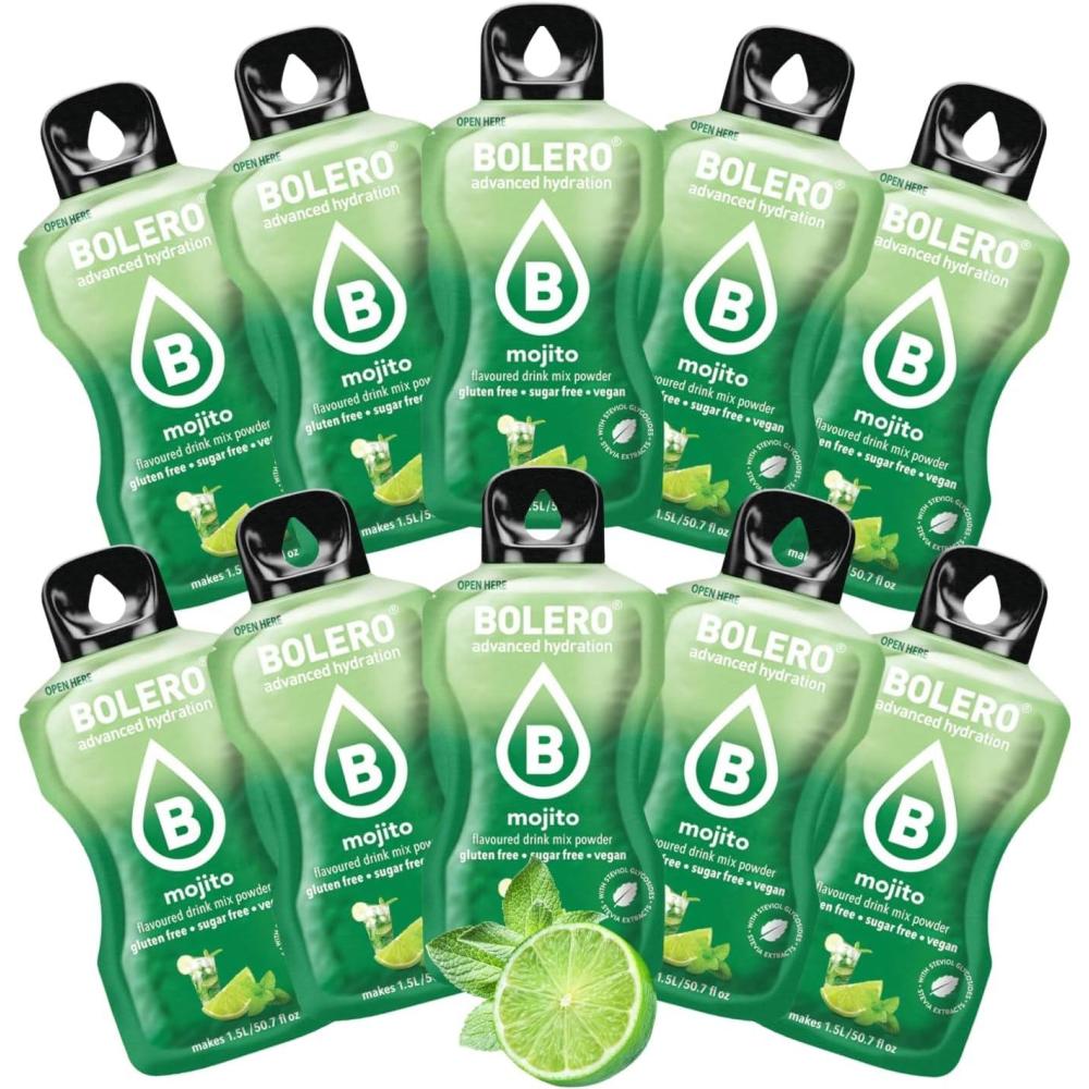 imageBOLERO Pina Colada 10 sticks 9g de Poudre pour Boisson sans sucre la Stevia Sans Conservateur ni colorants artificiels Faible en calories il convient pour toute la FamilleMojito