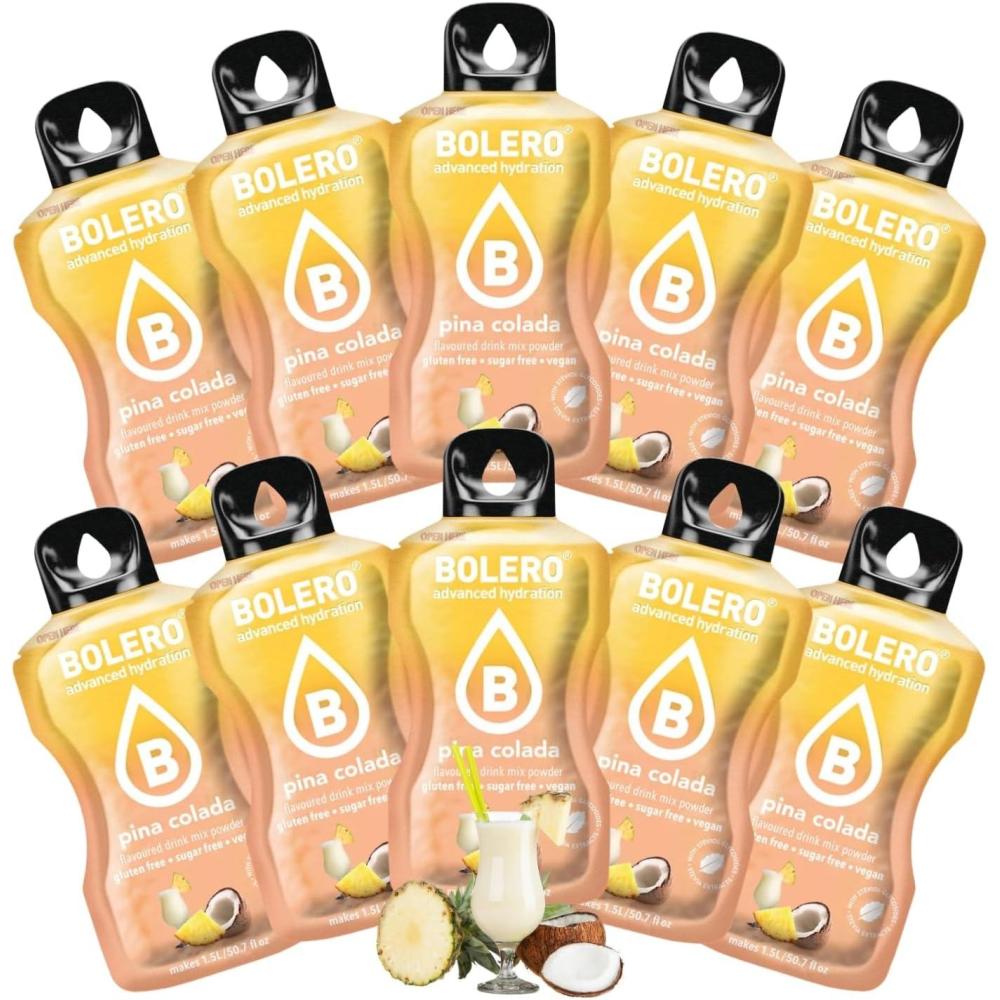 imageBOLERO Pina Colada 10 sticks 9g de Poudre pour Boisson sans sucre la Stevia Sans Conservateur ni colorants artificiels Faible en calories il convient pour toute la FamillePina Colada