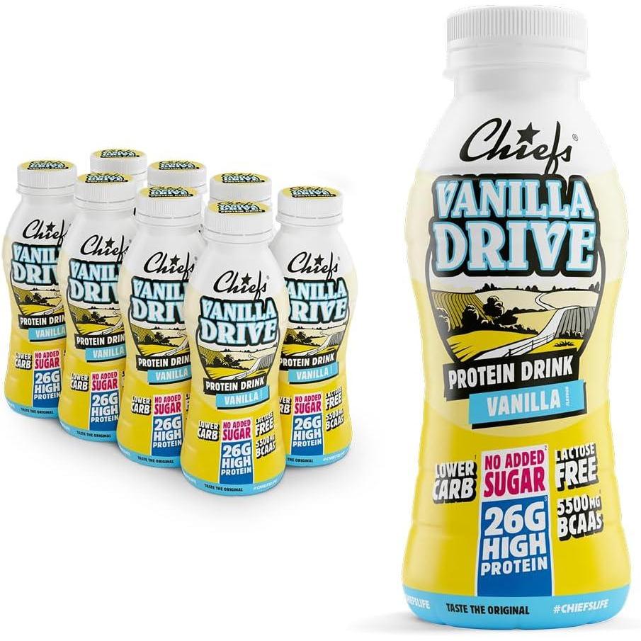 imageBoisson protine Chiefs Milkshake Chocolate Sans sucre ajout et sans lactose Riche en protines avec 26 g de protine Bouteilles de 8 x 330 ml Dlicieux got crmeuxVanille
