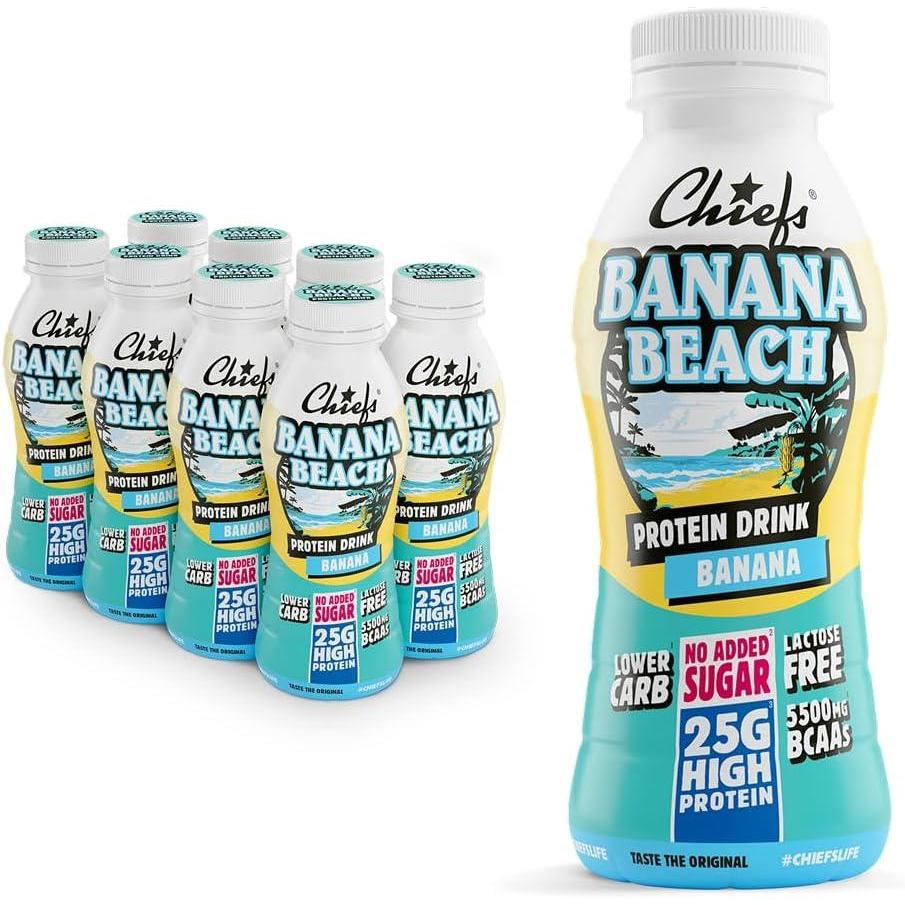 imageBoisson protine Chiefs Milkshake Chocolate Sans sucre ajout et sans lactose Riche en protines avec 26 g de protine Bouteilles de 8 x 330 ml Dlicieux got crmeuxBanane