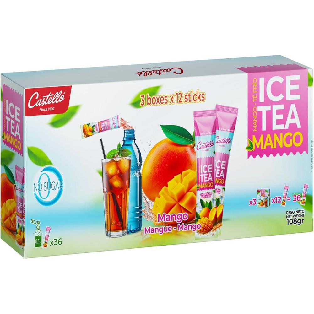 imageCastello since 1907 Th Glac Ice Tea Iced Tea Zro en Sachets Mangue Total 36 Sachets 1 Sachet 500 ml de Boisson Zro Calorie Sans Sucres Sans Aspartame