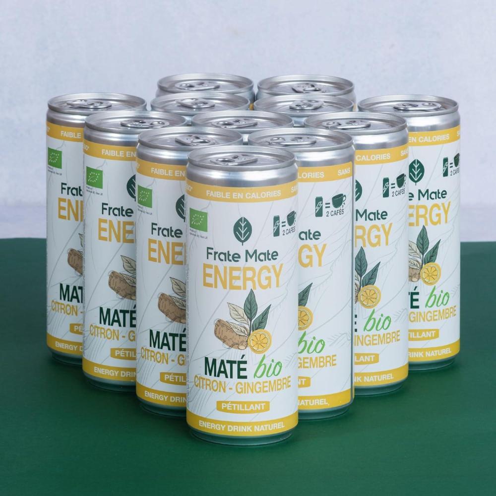 imageFRAT MAT Boisson nergisante Bio Sport Energy Drink au Mat Canettes Sans Bulles 250ml 80mg Cafine Naturelle Faible en Sucre Sans Taurine ni Armes ArtificielsCitron