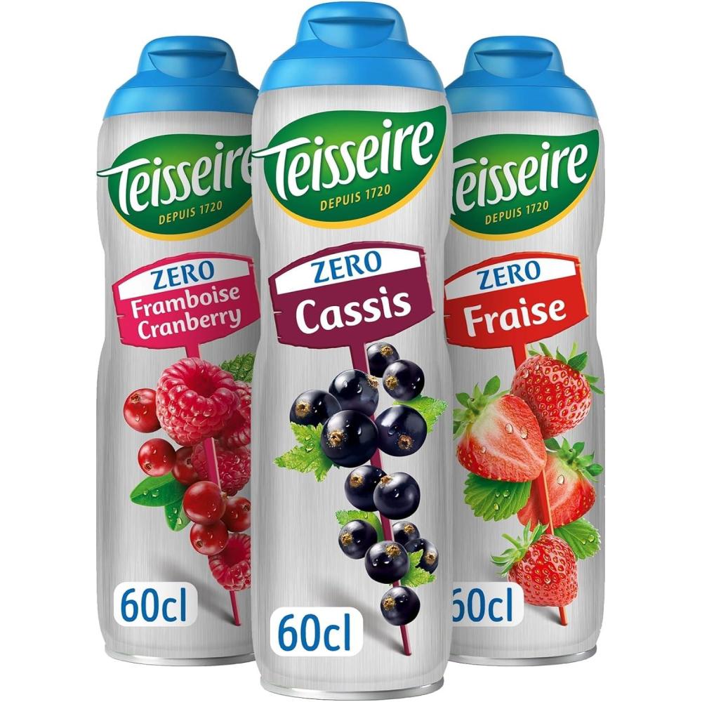 imageLot de 3 sirops Teisseire Zro Sucres Cassis FramboiseCranberry Fraise pour Boisson Rafrachissante Cocktails Bidon Recyclable 3x60cl