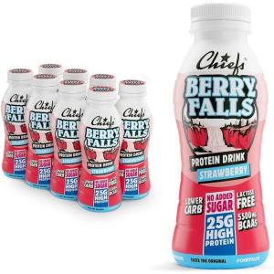 Boisson protéinée – Chiefs Milkshake Chocolate – Sans sucre ajouté et sans lactose – Riche en protéines avec 26 g de protéine – Bouteilles de 8 x 330 ml – Délicieux goût crémeux(Fraise)
