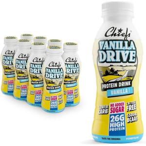 Boisson protéinée – Chiefs Milkshake Chocolate – Sans sucre ajouté et sans lactose – Riche en protéines avec 26 g de protéine – Bouteilles de 8 x 330 ml – Délicieux goût crémeux(Vanille)