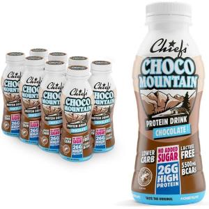 Boisson protéinée – Chiefs Milkshake Chocolate – Sans sucre ajouté et sans lactose – Riche en protéines avec 26 g de protéine – Bouteilles de 8 x 330 ml – Délicieux goût crémeux(Chocolat)