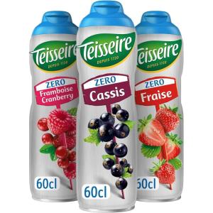 Lot de 3 sirops Teisseire Zéro Sucres (Cassis, Framboise-Cranberry, Fraise) pour Boisson Rafraîchissante, Cocktails, Bidon Recyclable 3x60cl