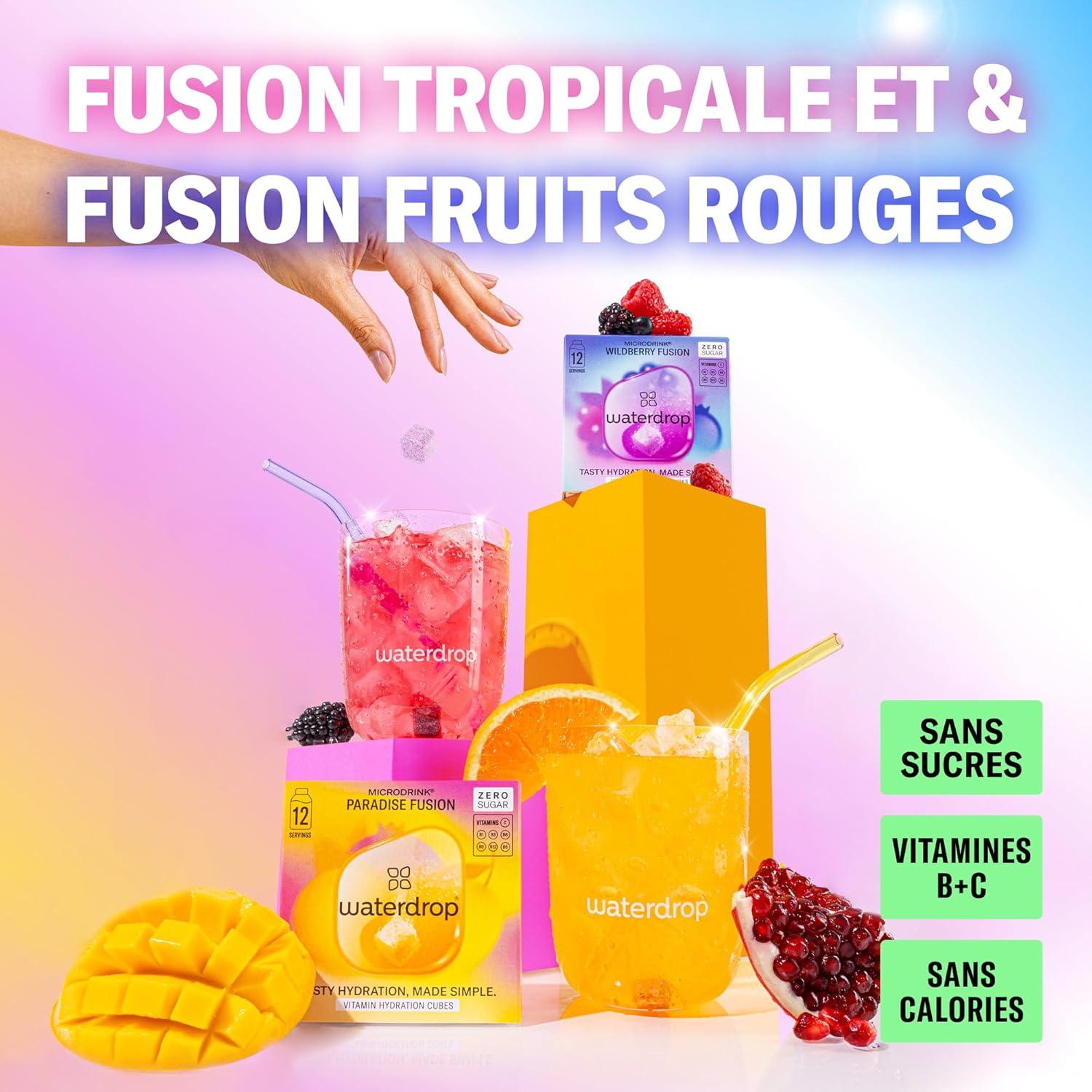 imagewaterdrop Microdrink Coffret Fusion de Fruits 48 Pastilles dHydratation Cubes de Boisson aux 2 Saveurs Fusion Tropicale ampamp Fusion Fruits Rouges Eau Aromatise Sans Sucre avec Vitamine C ampamp B