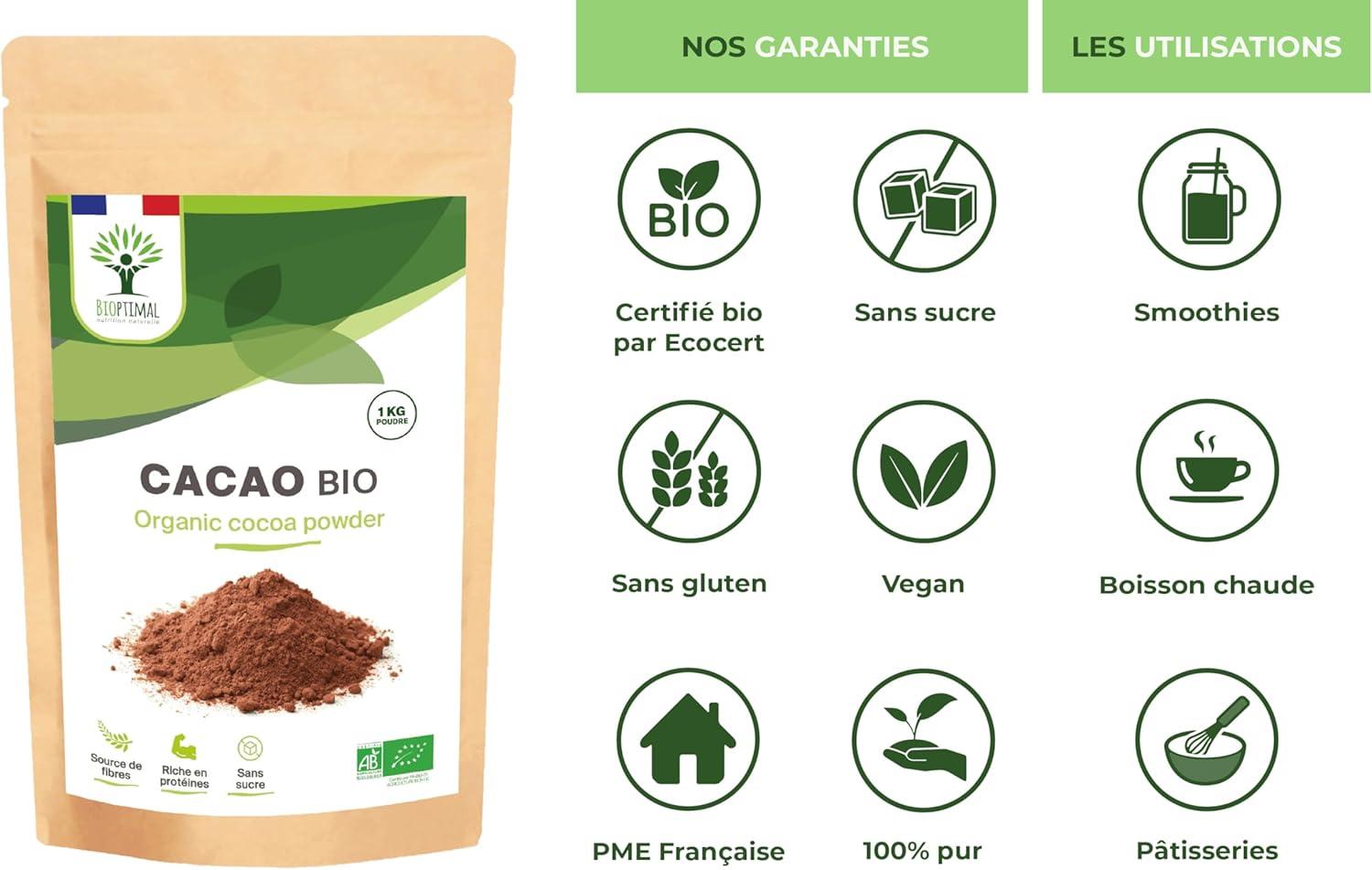 imageBIOPTIMAL Cacao Bio en Poudre Boisson Chaude Ptisserie Got Intense Sans sucre 100 Fve de Cacao Conditionn en France Certifi par Ecocert 1kg1 kg Lot de 1