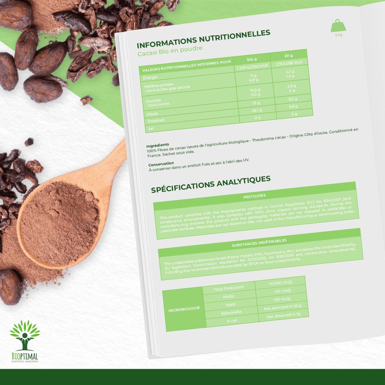 imageBIOPTIMAL Cacao Bio en Poudre Boisson Chaude Ptisserie Got Intense Sans sucre 100 Fve de Cacao Conditionn en France Certifi par Ecocert 1kg1 kg Lot de 1