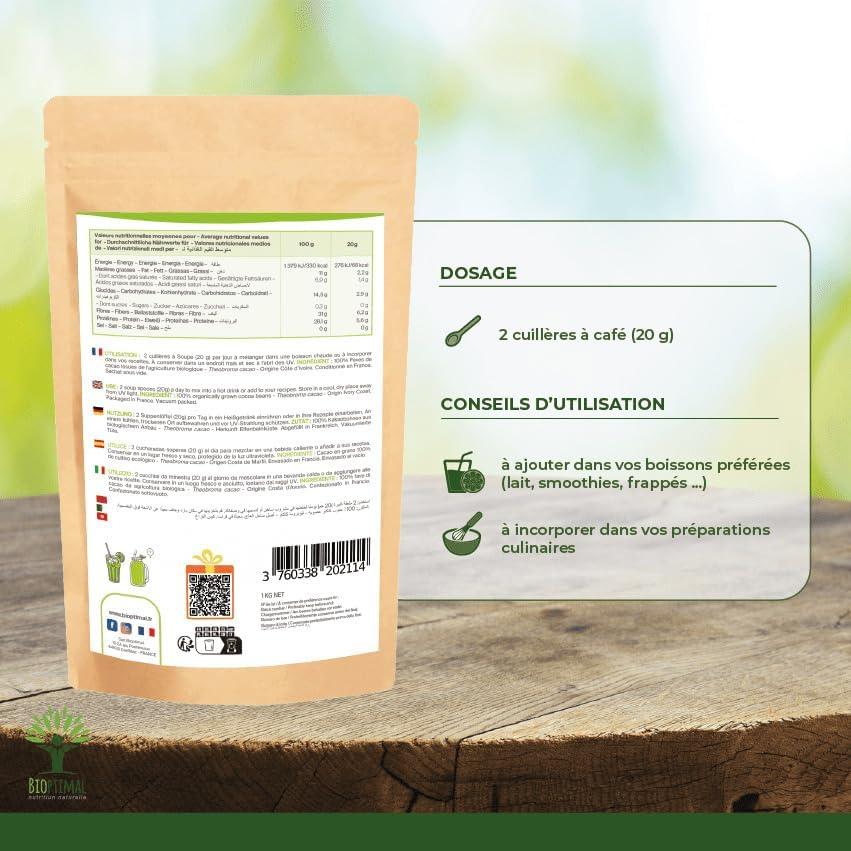 imageBIOPTIMAL Cacao Bio en Poudre Boisson Chaude Ptisserie Got Intense Sans sucre 100 Fve de Cacao Conditionn en France Certifi par Ecocert 1kg1 kg Lot de 1