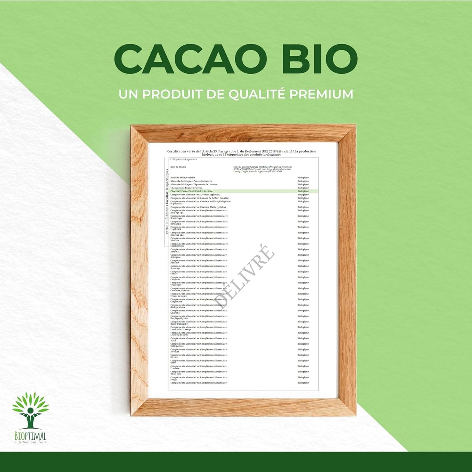 imageBIOPTIMAL Cacao Bio en Poudre Boisson Chaude Ptisserie Got Intense Sans sucre 100 Fve de Cacao Conditionn en France Certifi par Ecocert 1kg300 g Lot de 1