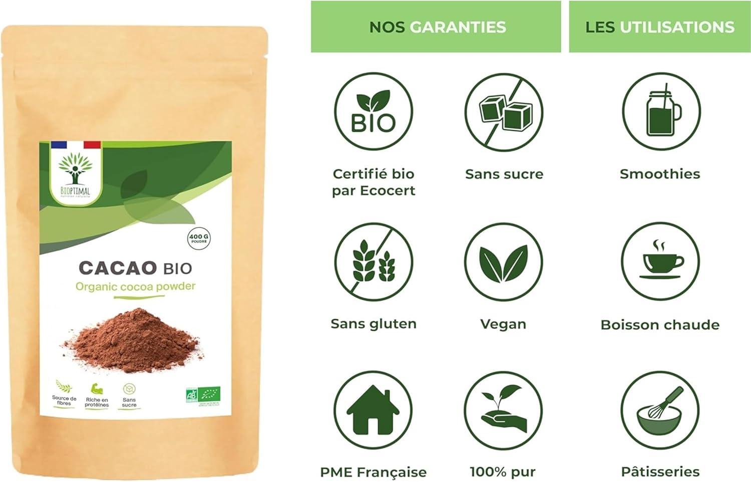imageBIOPTIMAL Cacao Bio en Poudre Boisson Chaude Ptisserie Got Intense Sans sucre 100 Fve de Cacao Conditionn en France Certifi par Ecocert 1kg300 g Lot de 1