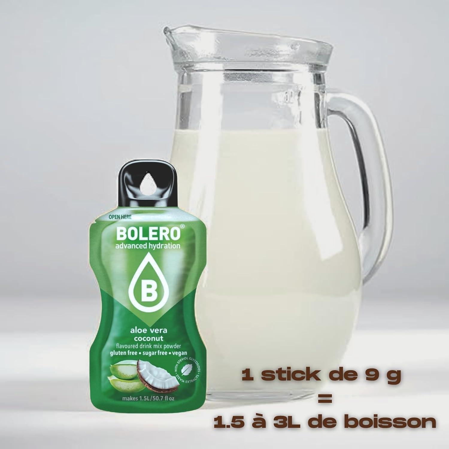 imageBOLERO Aloe Vera Grenade 10 sticks 9g de Poudre pour Boisson sans sucre la Stevia Sans Conservateur ni colorants artificiels Faible en calories il convient pour toute la FamilleCoco